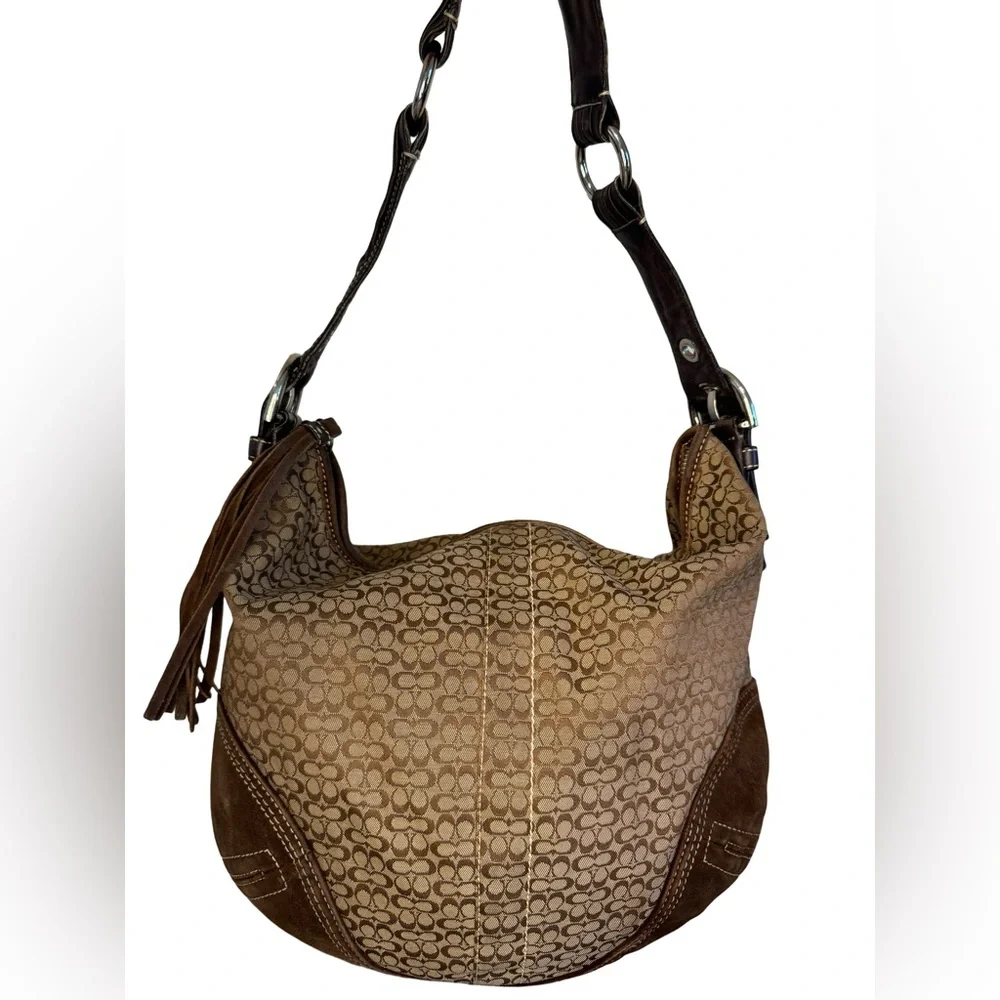 Vintage Coach Signature Print Micro Monogram C Brown Suede & Leather Hobo #2158